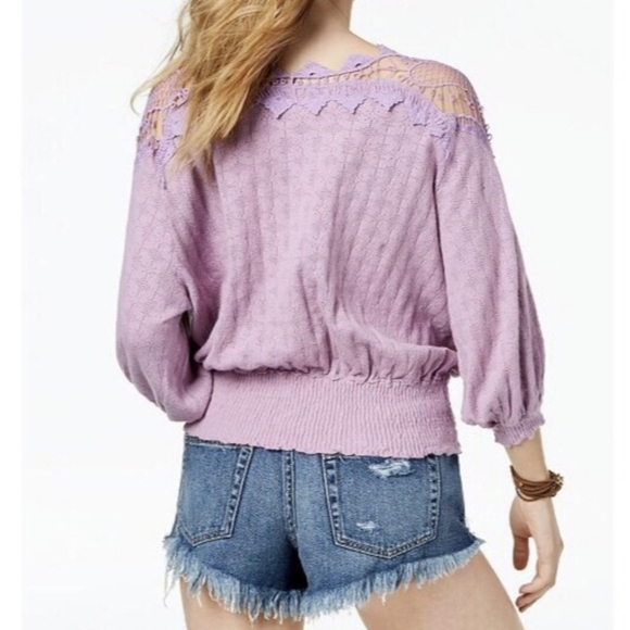 Free People Lavender Love Lace Crochet Peasant Sweater Top Shirred Waist- Size M - Picture 4 of 14